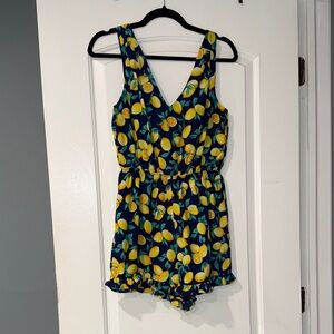 Blue Rain Lemon Print Romper - Navy and Yellow